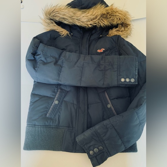 Hollister Navy Blue Winter Down Puffer Jacket Zipper Closure Fur Hood Y2K US S - Picture 5 of 8